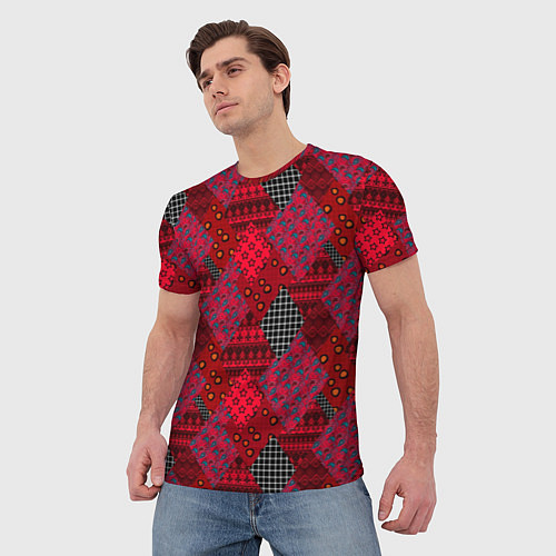 Мужская футболка Красный лоскутный узор пэчворк / 3D-принт – фото 3