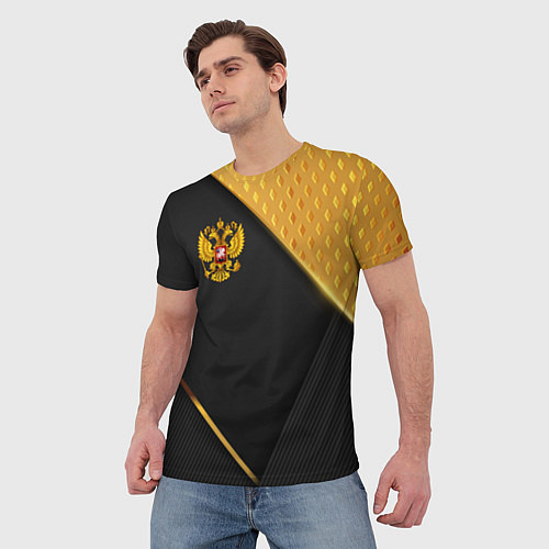 Мужская футболка Герб России на черном фоне с золотыми вставками / 3D-принт – фото 3