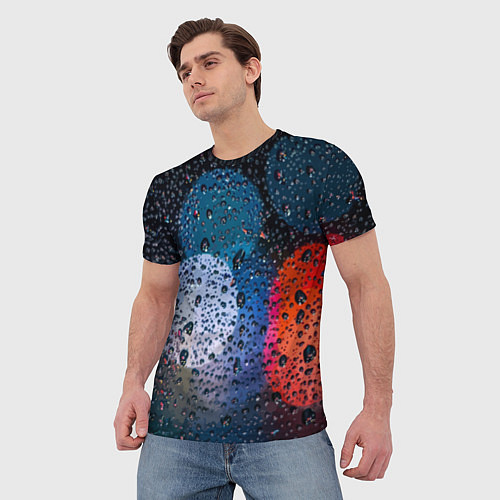 Мужская футболка Разноцветные огни сквозь дождевое стекло / 3D-принт – фото 3