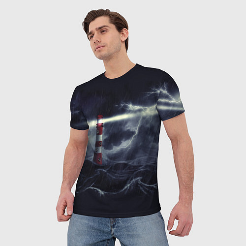 Мужская футболка Маяк и штормовое море в ночи / 3D-принт – фото 3