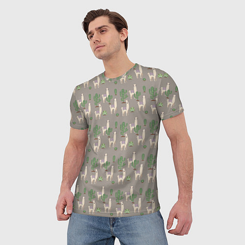 Мужская футболка Три забавных ламы среди кактусов / 3D-принт – фото 3