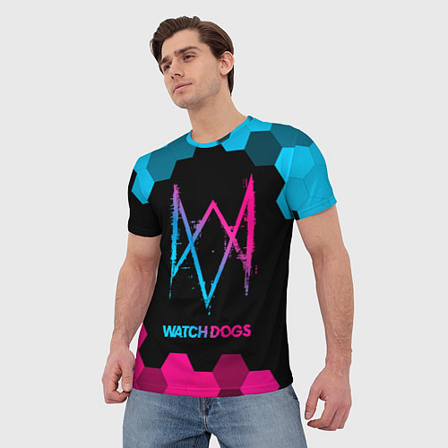 Мужская футболка Watch Dogs - neon gradient / 3D-принт – фото 3