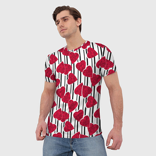 Мужская футболка Вырезанные мраморный сердца на черно белом полосат / 3D-принт – фото 3