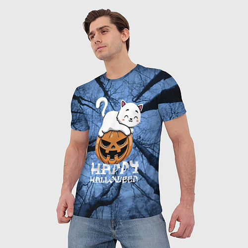 Мужская футболка Белая кошечка верхом на тыкве / 3D-принт – фото 3