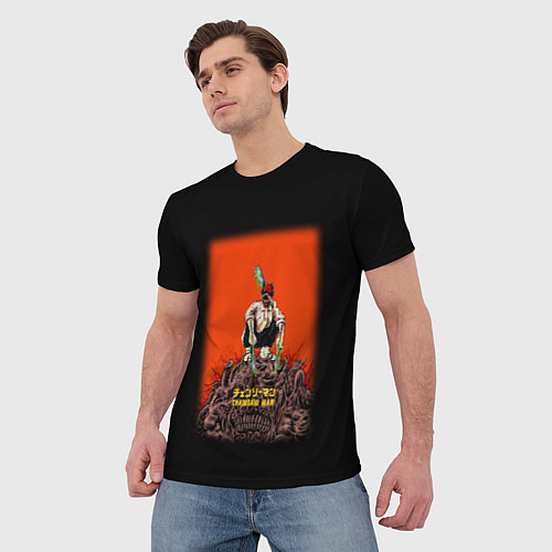 Мужская футболка Человек-бензопила Дэндзи на красном фоне / 3D-принт – фото 3