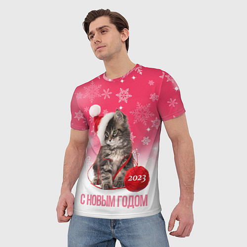 Мужская футболка Новогодний котенок на розовом фоне / 3D-принт – фото 3