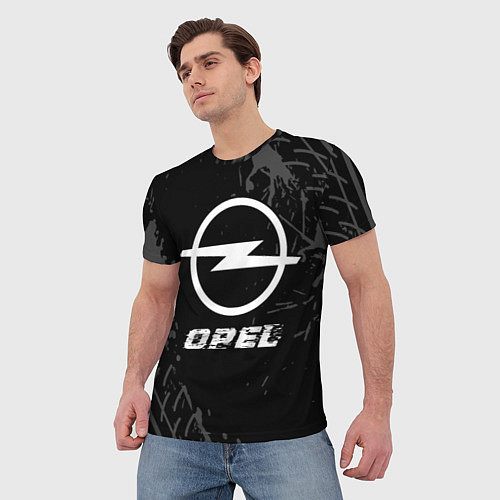 Мужская футболка Opel speed на темном фоне со следами шин / 3D-принт – фото 3