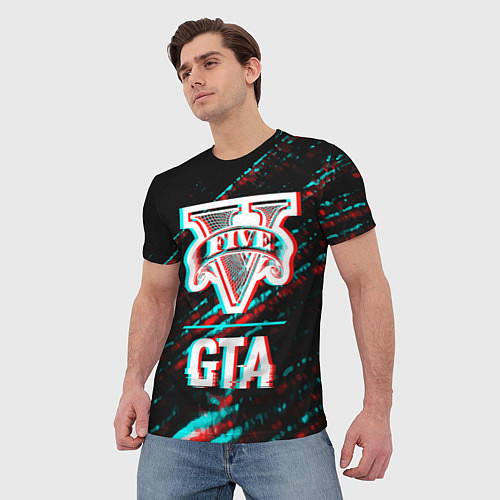 Мужская футболка GTA в стиле glitch и баги графики на темном фоне / 3D-принт – фото 3
