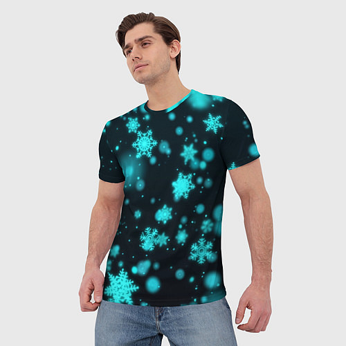 Мужская футболка Неоновые снежинки на черном фоне / 3D-принт – фото 3