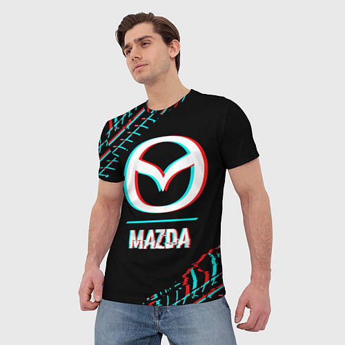 Мужская футболка Значок Mazda в стиле glitch на темном фоне / 3D-принт – фото 3