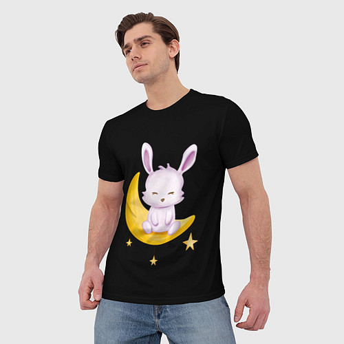 Мужская футболка Крольчонок сидит на месяце на чёрном фоне / 3D-принт – фото 3