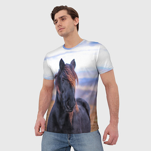 Мужская футболка Черный конь / 3D-принт – фото 3