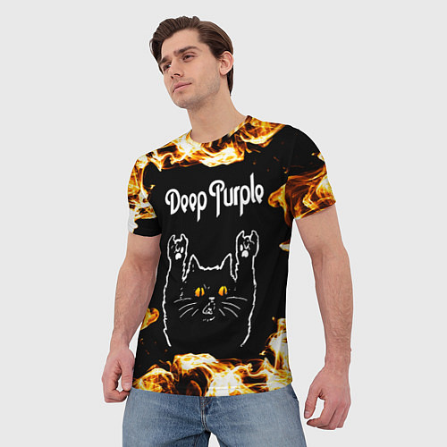 Мужская футболка Deep Purple рок кот и огонь / 3D-принт – фото 3