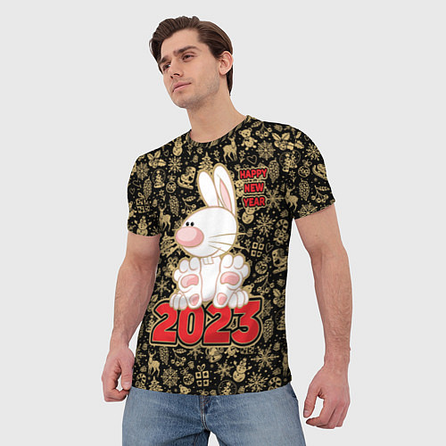 Мужская футболка Happy New Year, кролик сидит на цифрах 2023 / 3D-принт – фото 3