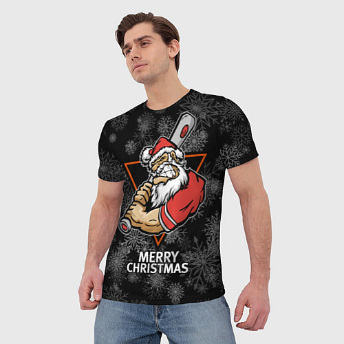 Мужская футболка Merry Christmas! Cool Santa with a baseball bat / 3D-принт – фото 3