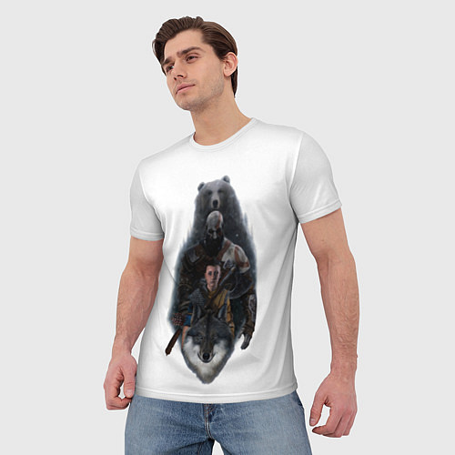 Мужская футболка Кратос медведь и Атрей волк GoW Ragnarok / 3D-принт – фото 3