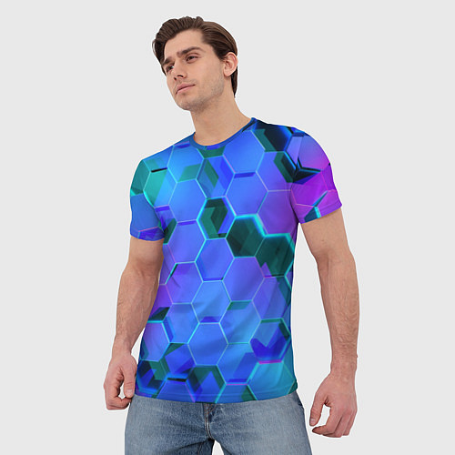 Мужская футболка Синие неоновые плиты / 3D-принт – фото 3