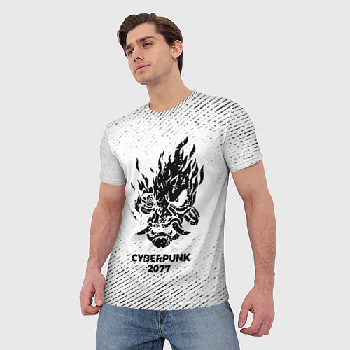 Мужская футболка Cyberpunk 2077 с потертостями на светлом фоне / 3D-принт – фото 3