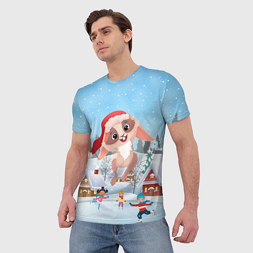 Мужская футболка Счастливый новогодний зайчик / 3D-принт – фото 3