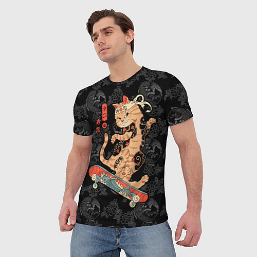 Мужская футболка Кот самурай на скейтборде / 3D-принт – фото 3