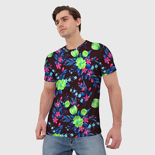 Мужская футболка Неоновые цветы - паттерн / 3D-принт – фото 3
