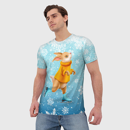 Мужская футболка Кролик на коньках в снегопад / 3D-принт – фото 3