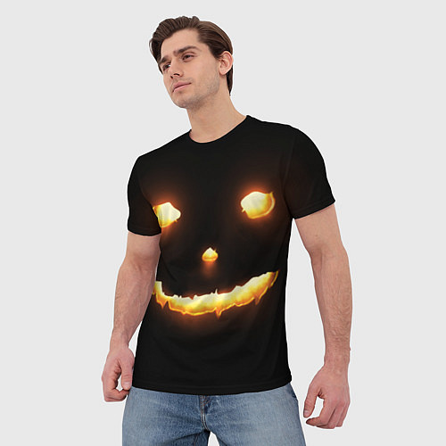 Мужская футболка Горящие глаза тыквы на черном фоне / 3D-принт – фото 3