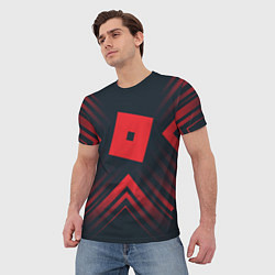 Футболка мужская Красный символ Roblox на темном фоне со стрелками, цвет: 3D-принт — фото 2