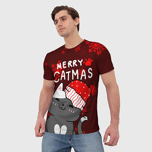 Мужская футболка Новогодние снежинк и котик в шапочке / 3D-принт – фото 3