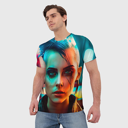 Мужская футболка Нейросеть - девушка в стиле киберпанк / 3D-принт – фото 3