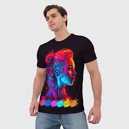 Мужская футболка Нейросеть - девушка киборг в неоновом свечении / 3D-принт – фото 3