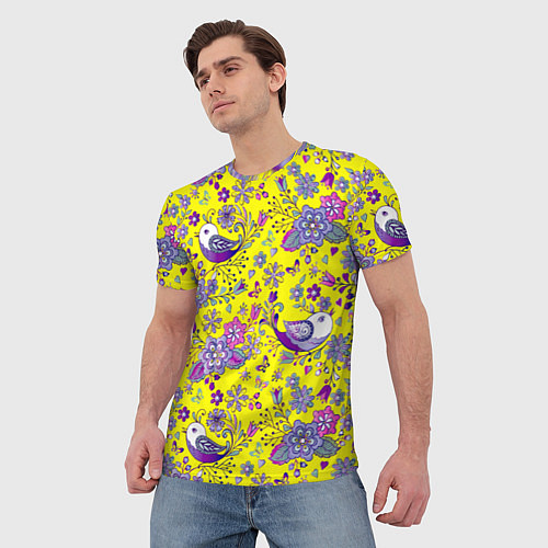 Мужская футболка Птички и цветы на желтом / 3D-принт – фото 3