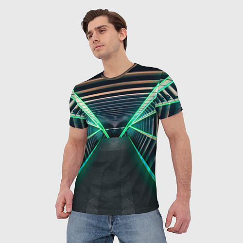 Мужская футболка Неоновые фонари на космическом коридоре / 3D-принт – фото 3