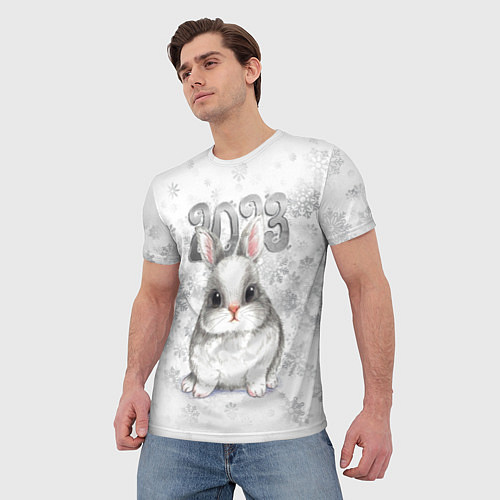 Мужская футболка Белый кролик и снежинки 2023 / 3D-принт – фото 3