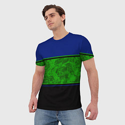 Футболка мужская Синие, неоновые зеленые мраморные и черные полосы, цвет: 3D-принт — фото 2