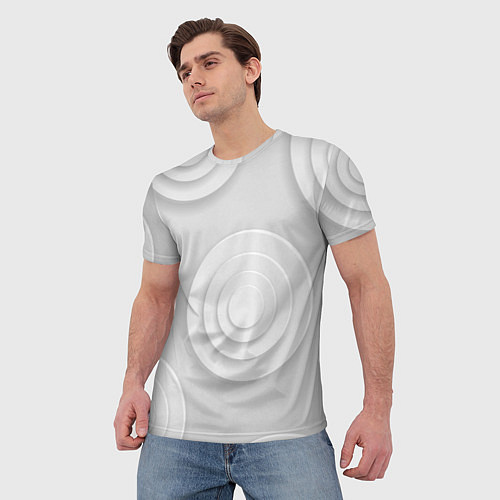 Мужская футболка Серый фон и абстрактные белые объёмные окружности / 3D-принт – фото 3