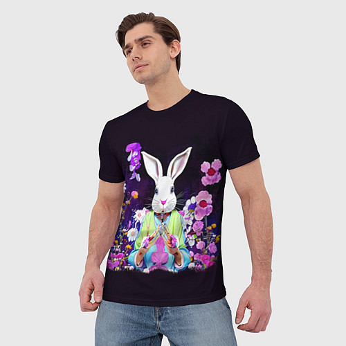 Мужская футболка Кролик в цветах на черном фоне / 3D-принт – фото 3