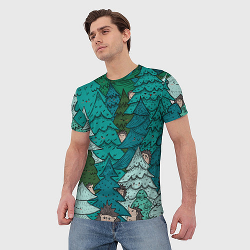 Мужская футболка Ежи в еловом лесу / 3D-принт – фото 3