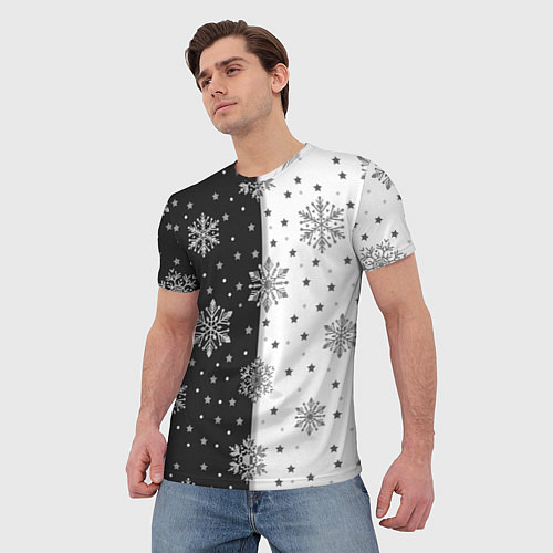 Мужская футболка Рождественские снежинки на черно-белом фоне / 3D-принт – фото 3