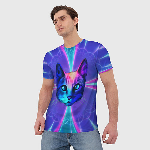 Мужская футболка Яркий неоновый портрет кота / 3D-принт – фото 3