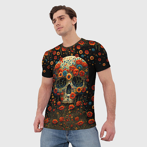 Мужская футболка Череп украшенный цветущими маками / 3D-принт – фото 3