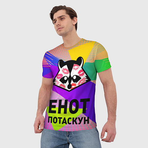 Мужская футболка Енот потаскун на разноцветном фоне / 3D-принт – фото 3