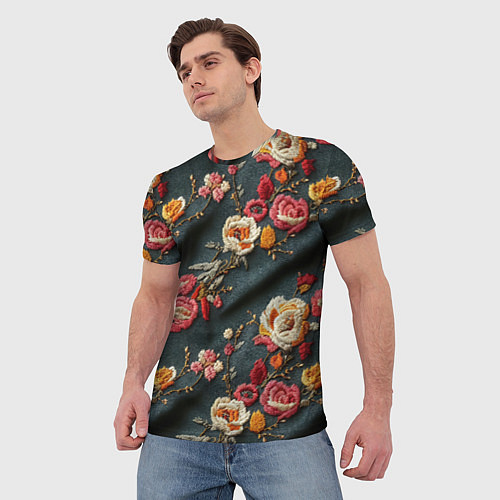 Мужская футболка Эффект вышивки разные цветы / 3D-принт – фото 3