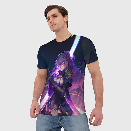 Мужская футболка Cyber girl in purple light / 3D-принт – фото 3