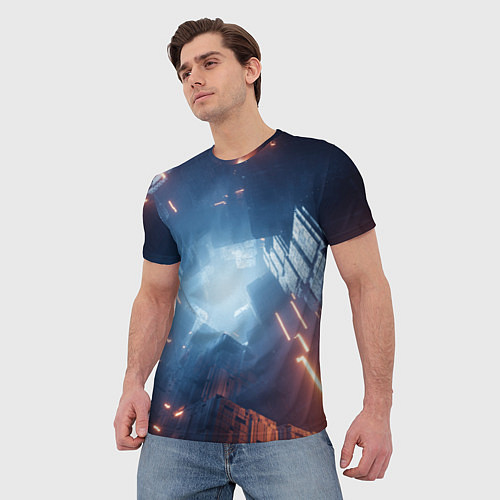 Мужская футболка Множество неоновых блоков во тьме и туман / 3D-принт – фото 3