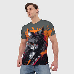 Футболка мужская Rocker Cat on a gray background - C-Cats collectio, цвет: 3D-принт — фото 2