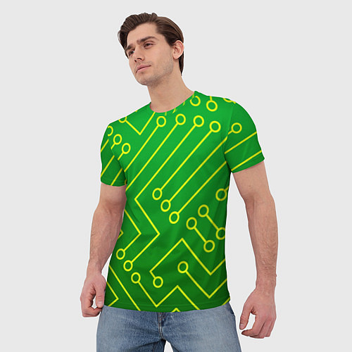 Мужская футболка Технический зелёный паттерн с жёлтыми лучами / 3D-принт – фото 3