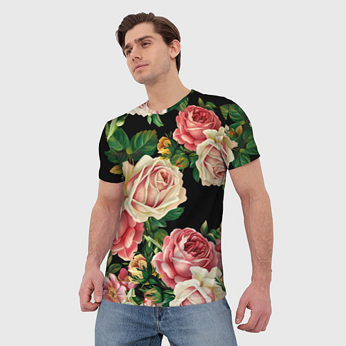 Мужская футболка Цветы на черном фоне / 3D-принт – фото 3
