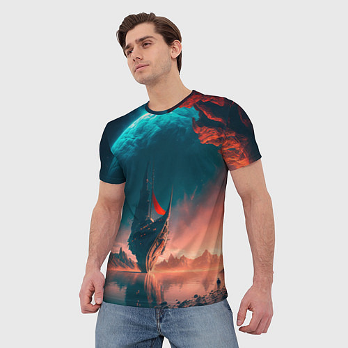 Мужская футболка Абстрактный летающий корабль и луна / 3D-принт – фото 3