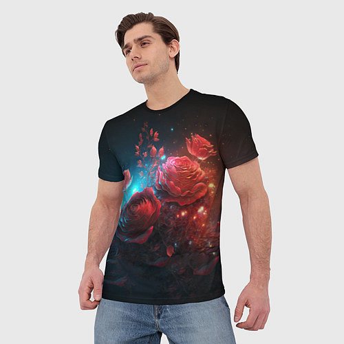 Мужская футболка Алые розы в ночном лесу / 3D-принт – фото 3